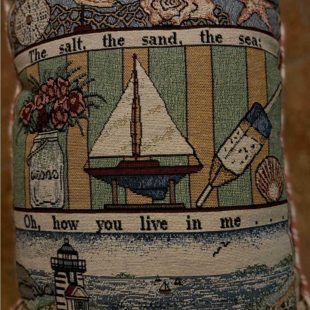 Coastal Tapestry Pillow with Sailboat and Lighthouse Design